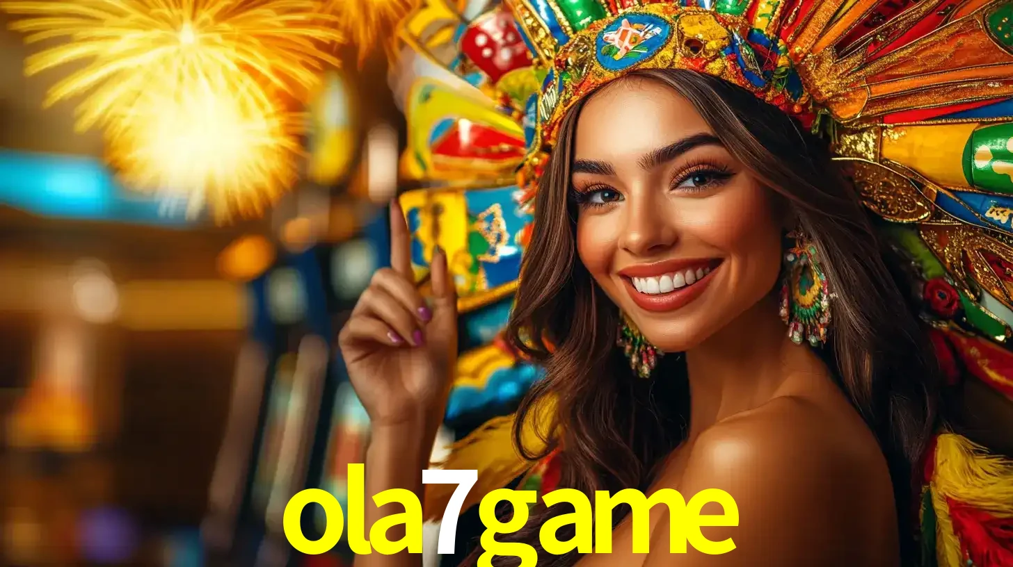 Mulher sorridente com um cocar de carnaval vibrante e colorido, celebrando uma grande vitória nos jogos do cassino ola7game com fogos de artifício ao fundo.