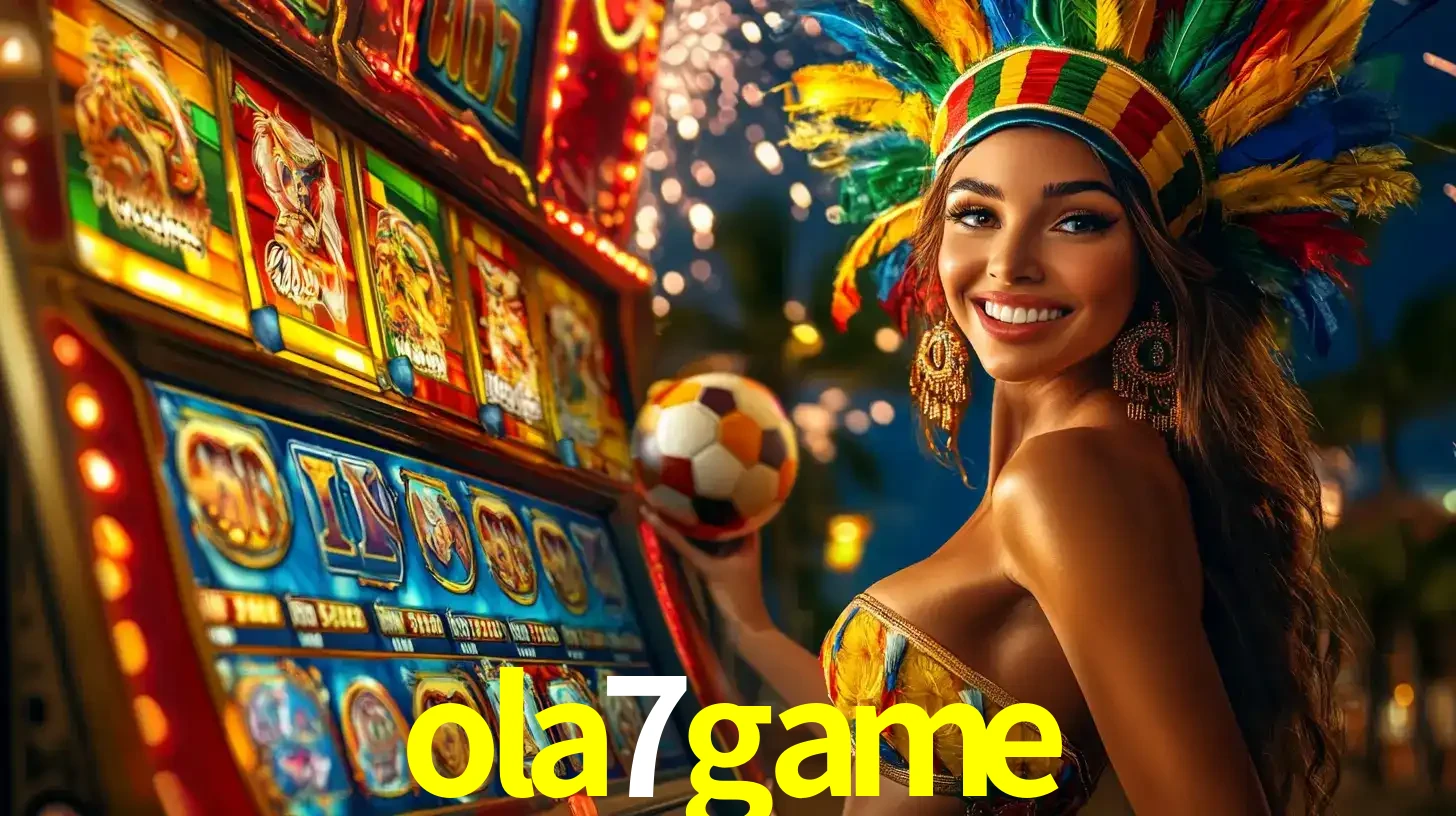 Mulher com um cocar de carnaval ao lado de uma máquina de caça-níqueis enquanto segura uma bola de futebol, mostrando a união da diversão de cassino e esportes no ola7game.