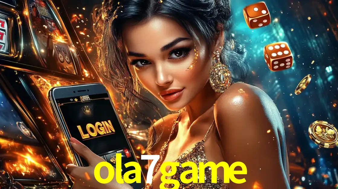 Mulher glamourosa segurando um celular com a tela de login do cassino ola7game, rodeada por dados e moedas douradas, pronta para começar a diversão.
