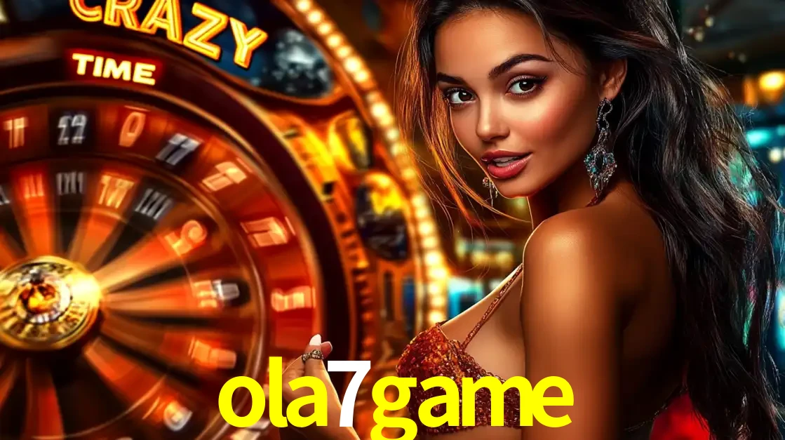 Mulher ao lado da roda de prêmios do jogo de cassino ao vivo Crazy Time, um dos shows de jogos mais emocionantes oferecidos pela plataforma de apostas ola7game.