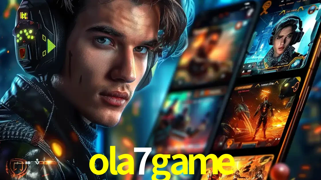 Jovem jogador com fones de ouvido olhando para a câmera, com um aplicativo de jogos e e-sports para celular ao fundo, pronto para a competição e apostas no ola7game.