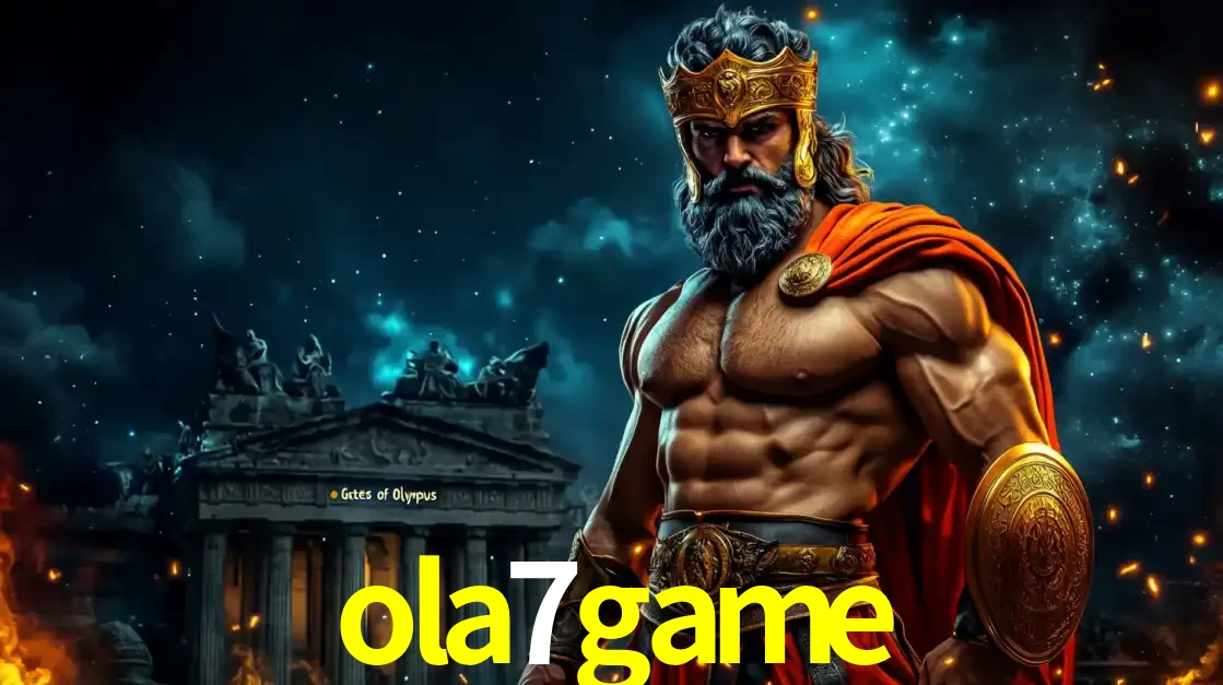 O poderoso Zeus do jogo de slot Gates of Olympus em frente ao seu templo, pronto para lançar multiplicadores divinos e prêmios épicos no cassino online ola7game.