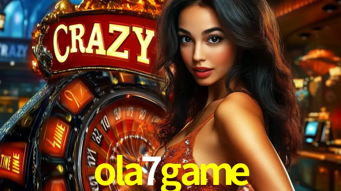Mulher glamourosa olhando para a câmera com a roda vermelha do Crazy Time ao fundo em um ambiente de cassino, destacando a emoção dos jogos ao vivo no ola7game.