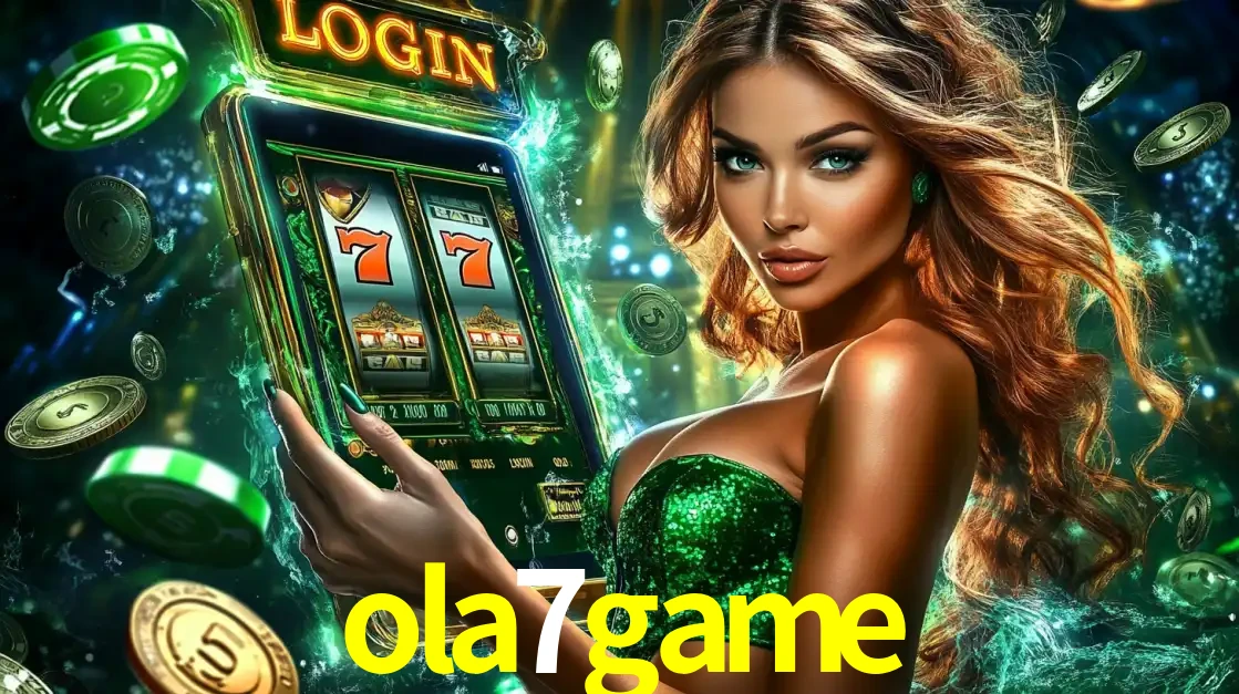 Mulher com tema verde apresentando o aplicativo do cassino ola7game com um jogo de slot de 777, cercada por fichas de cassino e uma aura de sorte.