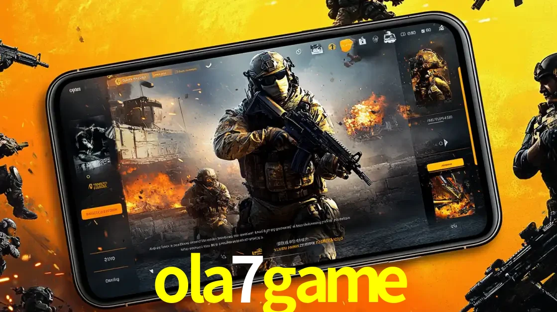 Um smartphone exibindo a interface de um jogo de tiro em primeira pessoa, com um soldado em um cenário de batalha, representando a ação dos e-sports para apostar no ola7game.