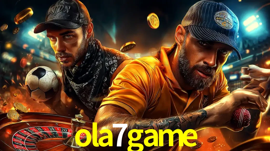 Montagem de apostas esportivas e cassino no ola7game, com um homem segurando uma bola de futebol e outro uma de beisebol sobre uma roleta e moedas voadoras.