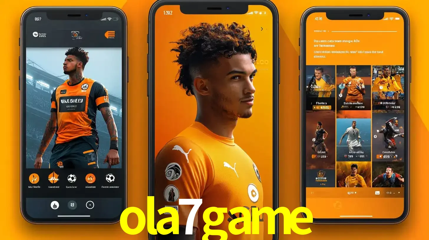 Interface do aplicativo de apostas esportivas ola7game em três telas de celular, mostrando o perfil de um jogador de futebol e a lista de jogos disponíveis para apostar.
