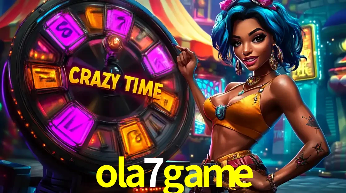 Mulher estilizada com cabelo azul e visual vibrante posando ao lado da roda de prêmios do game show Crazy Time, convidando para a diversão e os bônus do cassino ola7game.