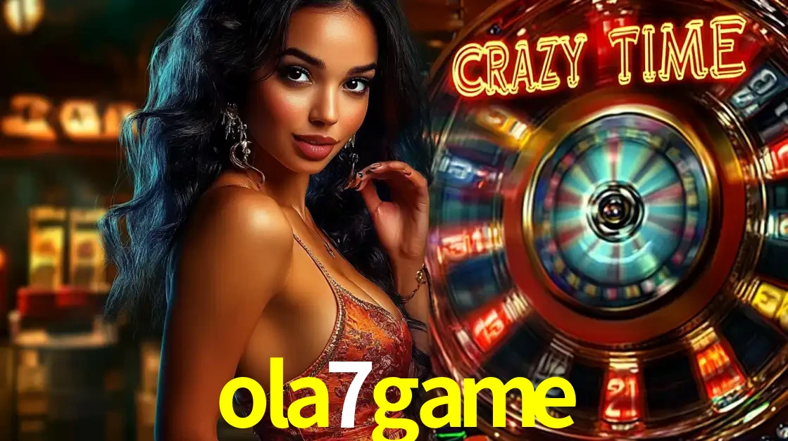 Mulher elegante ao lado da vibrante roda da fortuna do jogo de cassino ao vivo Crazy Time, um dos game shows mais populares e cheios de prêmios do ola7game.