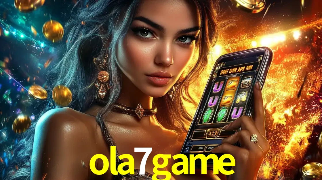 Mulher elegante mostrando um jogo de caça-níqueis em seu smartphone, destacando a experiência de cassino móvel oferecida pelo aplicativo ola7game.