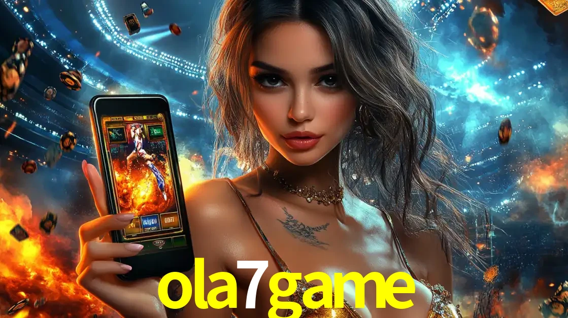 Mulher segurando um celular com um jogo de slot em destaque, tendo como fundo um estádio vibrante, simbolizando a emoção de jogar no cassino móvel ola7game.