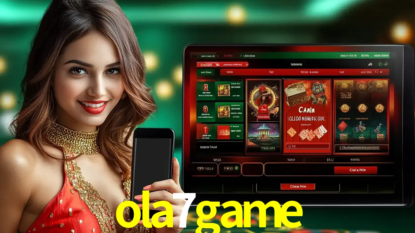 Mulher sorridente segurando um smartphone, ao lado de uma tela exibindo o lobby de jogos do cassino online ola7game, com várias opções de jogos de cartas e slots.